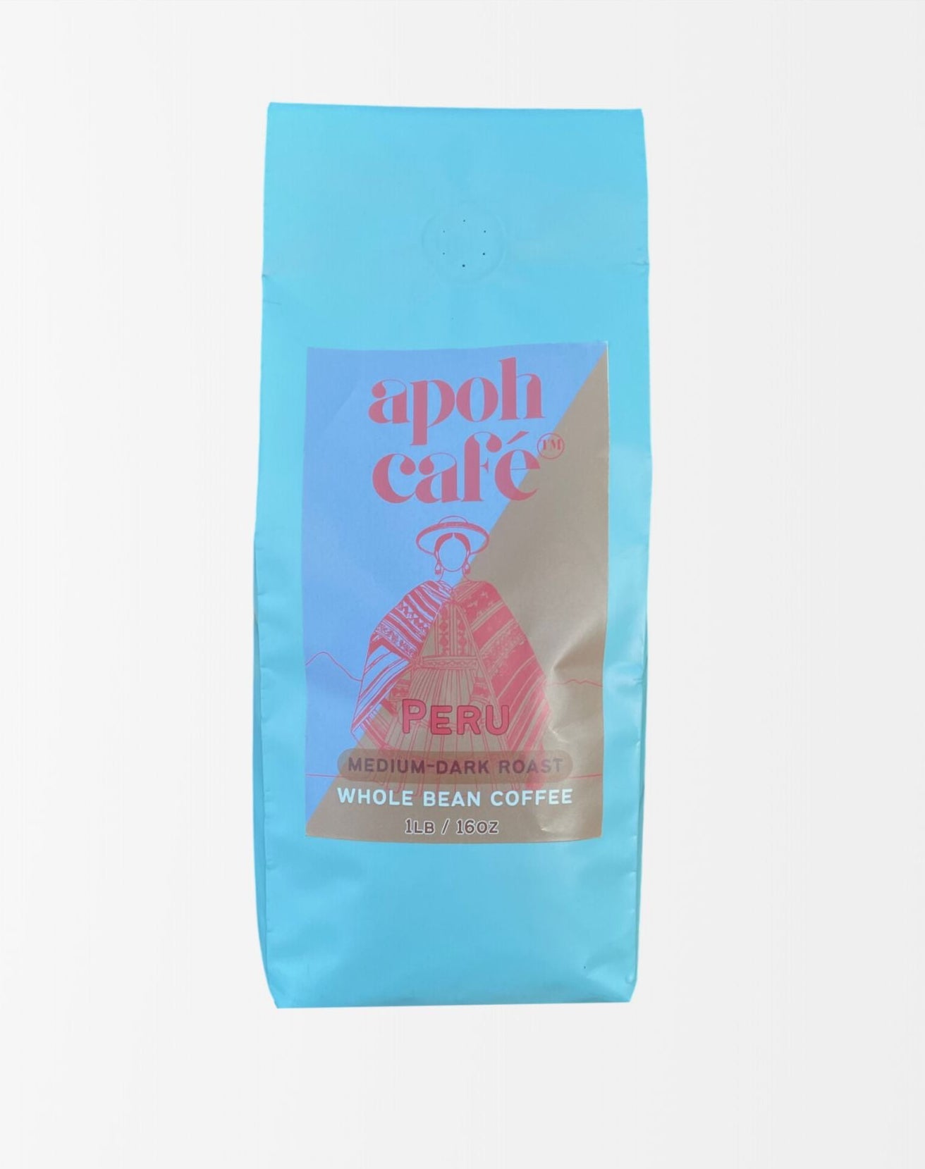 Blue coffee bag with 'apoh cafe' branding on a white background