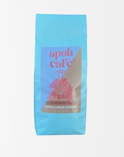 Blue coffee bag with 'apoh cafe' branding on a white background